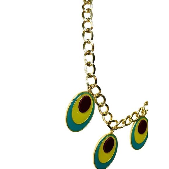 KH Studio Gold Tone Resin Green Enamel Statement Necklace Peacock-like - Picture 3 of 9